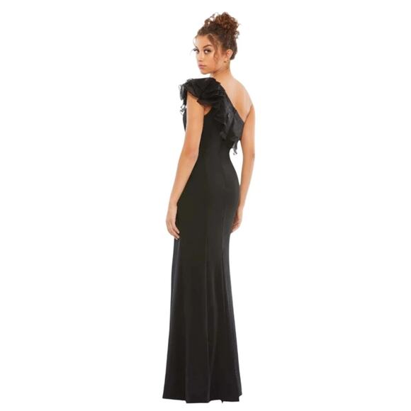 Mac Duggal One Shoulder 80s Retro Glam Ruffle Trim High Slit Black Gown 6 NWT - Picture 5 of 9